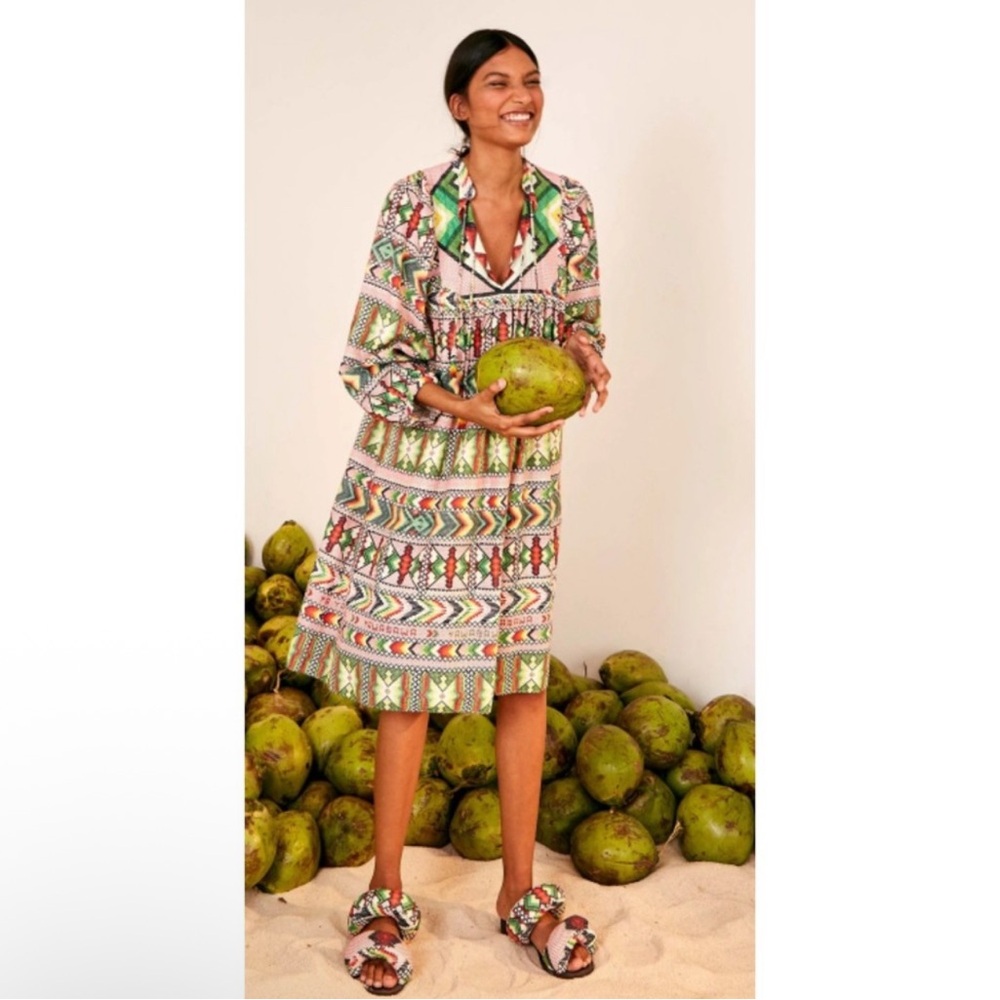 Farm Rio Amulet Midi Dress Multi Long Sleeve Beaded Tassels Linen size Small